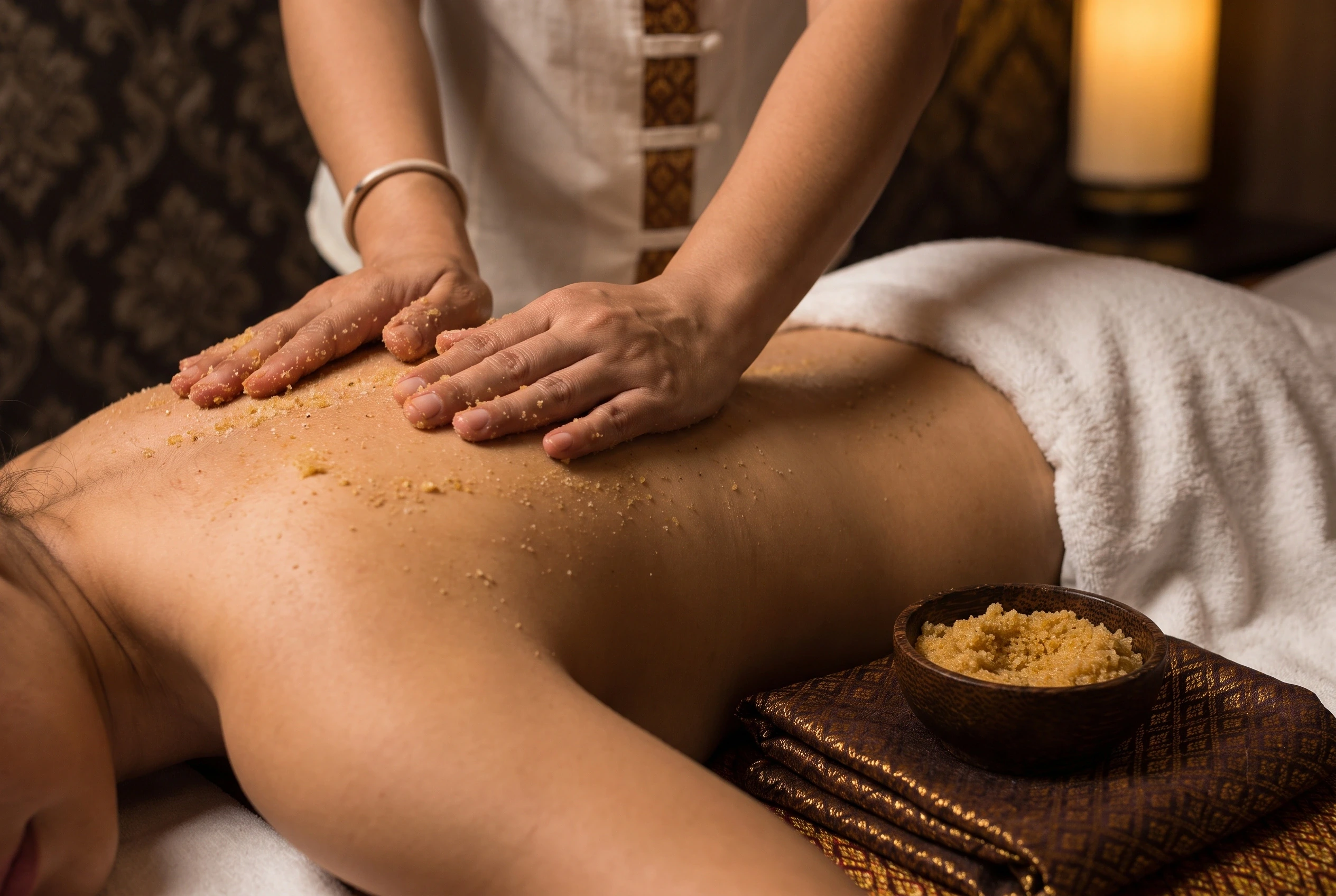 Body scrub met fijne korrels wordt op de rug aangebracht