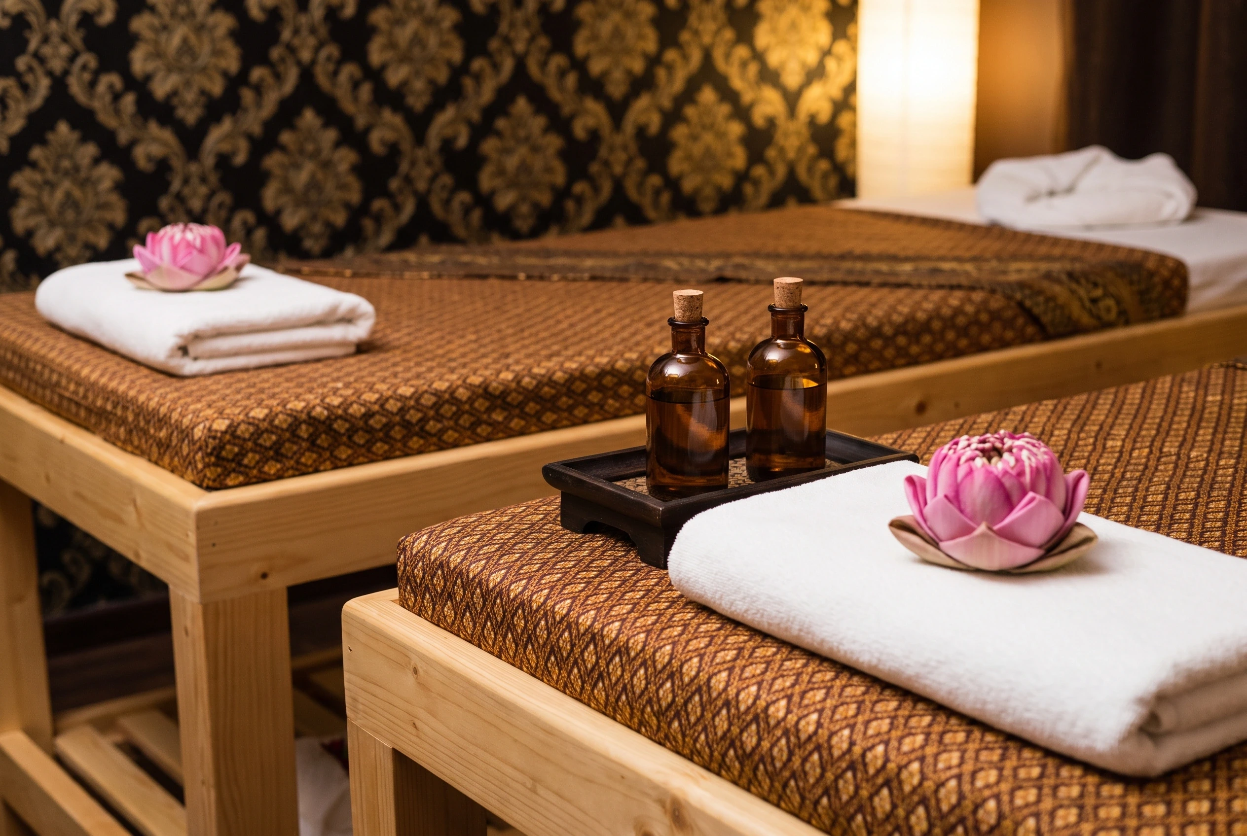 Twee behandeltafels met Thaise zijde en handdoeken met een lotus, klaar voor een duo-massage