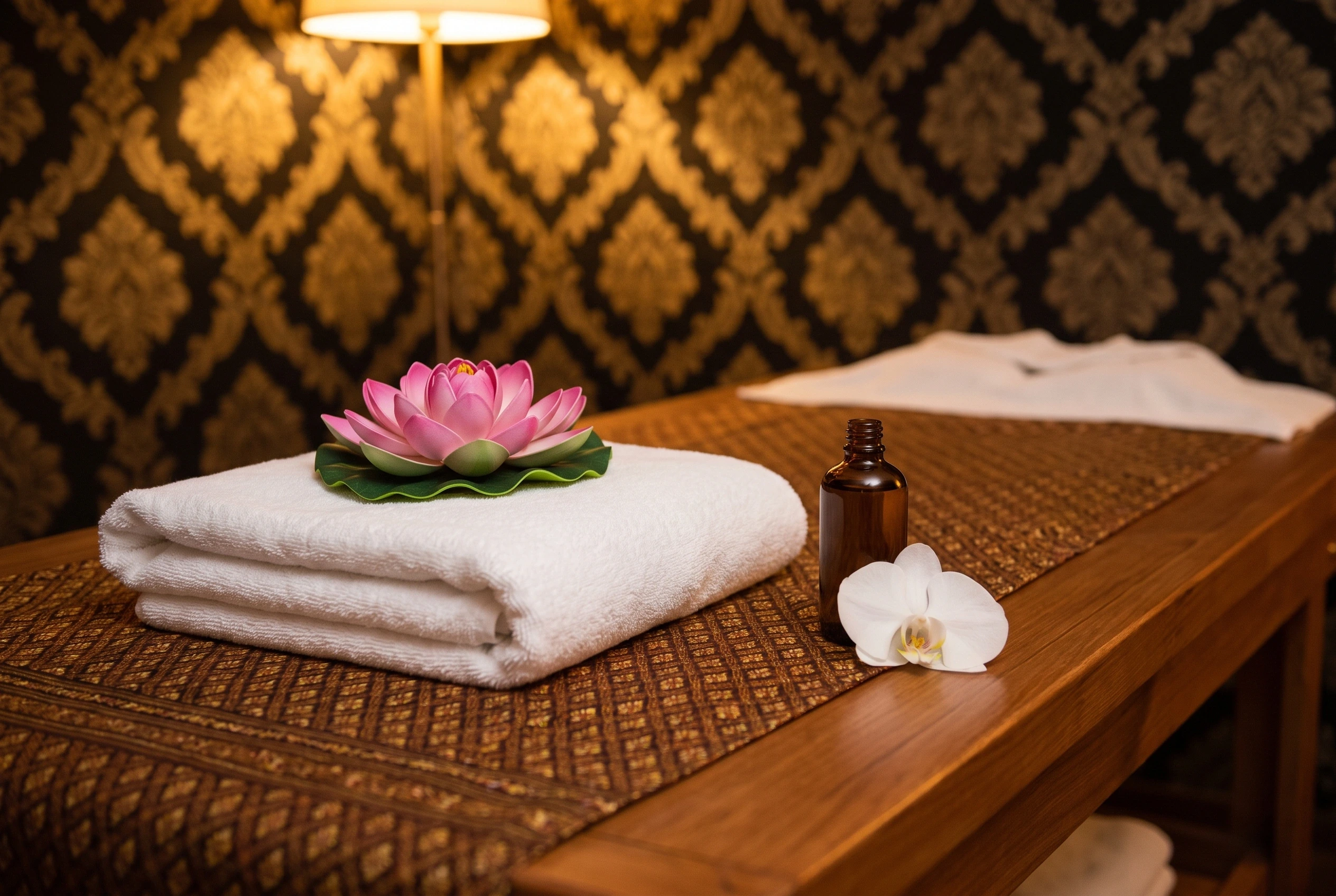 Massagetafel met handdoek, lotus en orchidee