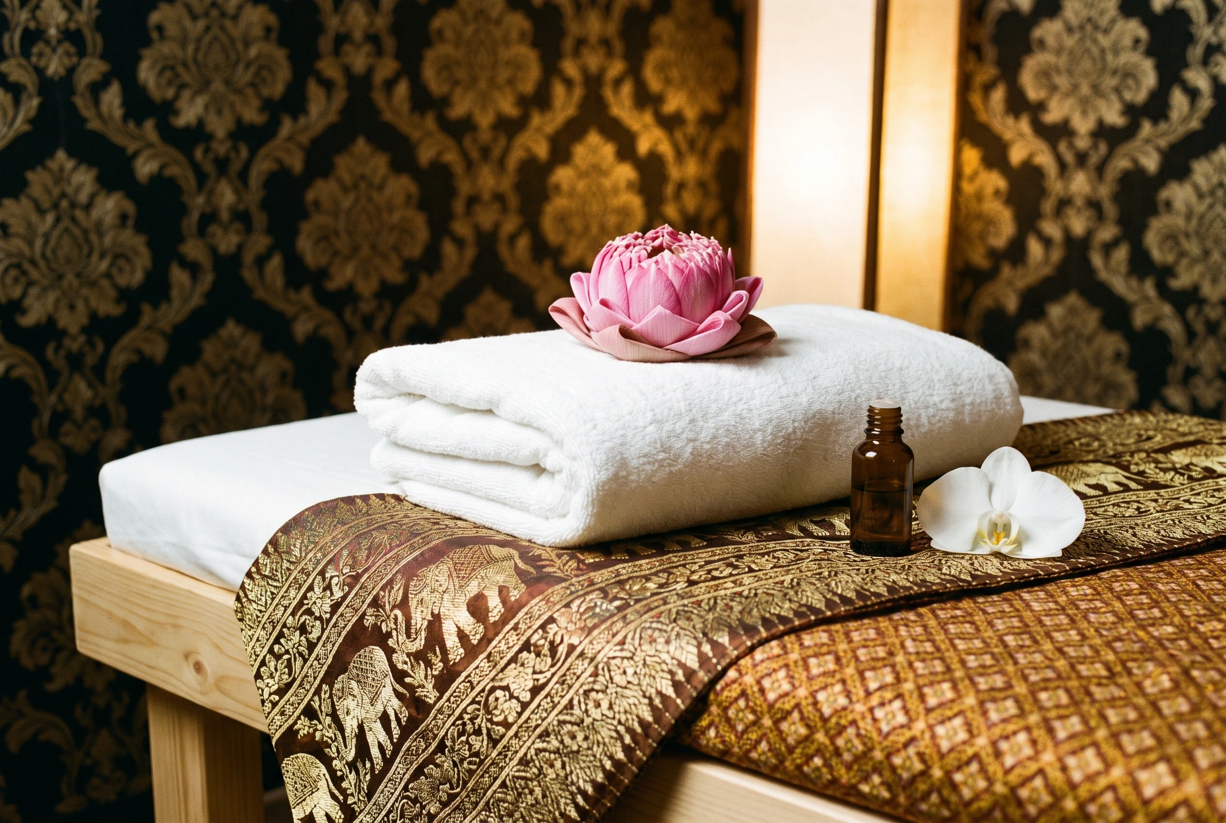 Klaargemaakte massagetafel met Thaise zijde, handdoek en lotus